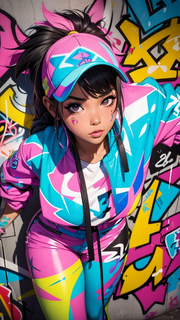 (best quality), (high detail), (vivid colors), (graffiti style), (freestyle), (Close up), (1girl), young sexy female graffiti artist, spraying graffiti on a wall painted with street art, HDR, 8K, 3D, graffiti art style.