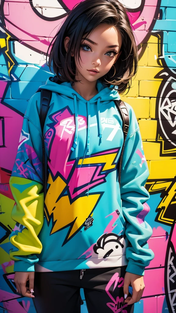 (best quality), (high detail), (vivid colors), (graffiti style), (freestyle), (Close up), (1girl), young sexy female graffiti artist, spraying graffiti on a wall painted with street art, HDR, 8K, 3D, graffiti art style.