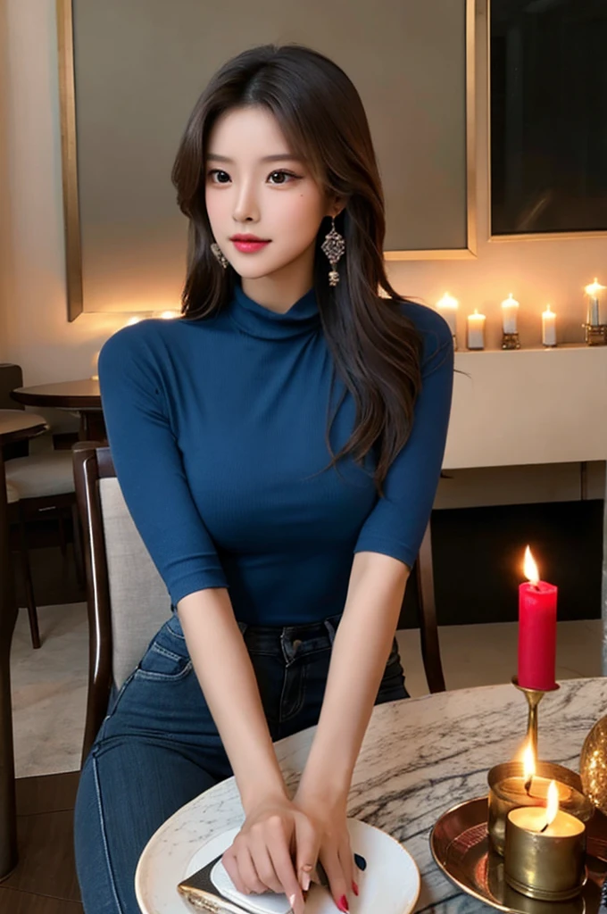 Generate an image of a breathtaking 20-year-old Asian woman whose beauty is comparable to a goddess of the fire element. She has large brown eyes, dark brown hair, radiant skin, and an appealing look. Dressed in a stunning top and blue skinny jeans, she is seated elegantly at a romantic dining table. The ambiance is intimate with soft lighting, candles, and a beautifully set table.