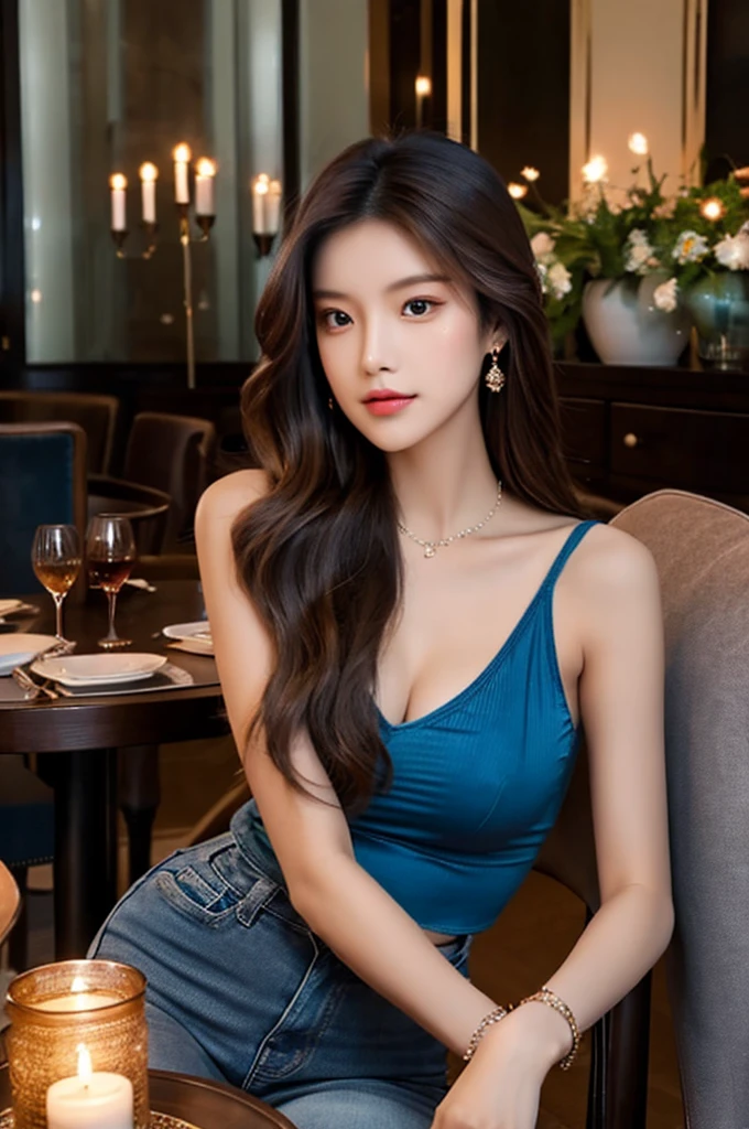 Generate an image of a breathtaking 20-year-old Asian woman whose beauty is comparable to a goddess of the fire element. She has large brown eyes, dark brown hair, radiant skin, and an appealing look. Dressed in a stunning top and blue skinny jeans, she is seated elegantly at a romantic dining table. The ambiance is intimate with soft lighting, candles, and a beautifully set table.