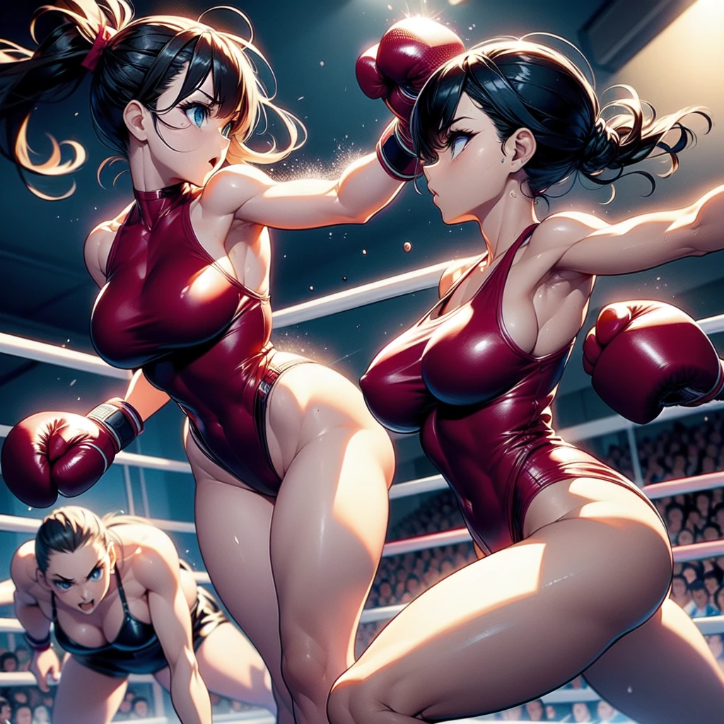 NSFW ,Side View Drawing, Fullbody shot , Female boxing Face to face, Wear leotard , So huge .