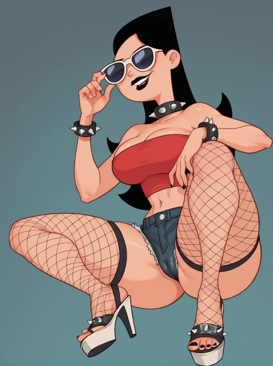 Candace, short shorts, red strapless crop-top, legs, barefoot, sunglasses, cameltoe, extra large breasts, sideboobs, open-toed heelless platform boots, spiked collar, fishnet leggings, spiked bracelets, black lipstick, black hair, thick thighs