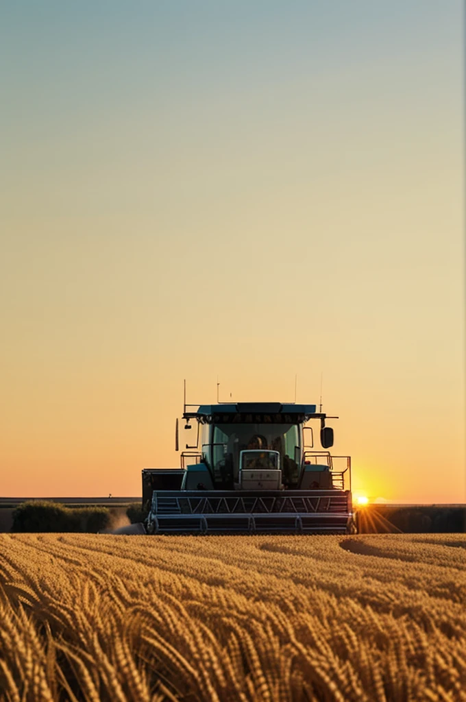 depicted a wheat field ,on which the combine operates, During sunset