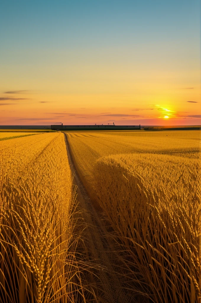depicted a wheat field ,on which the combine operates, During sunset