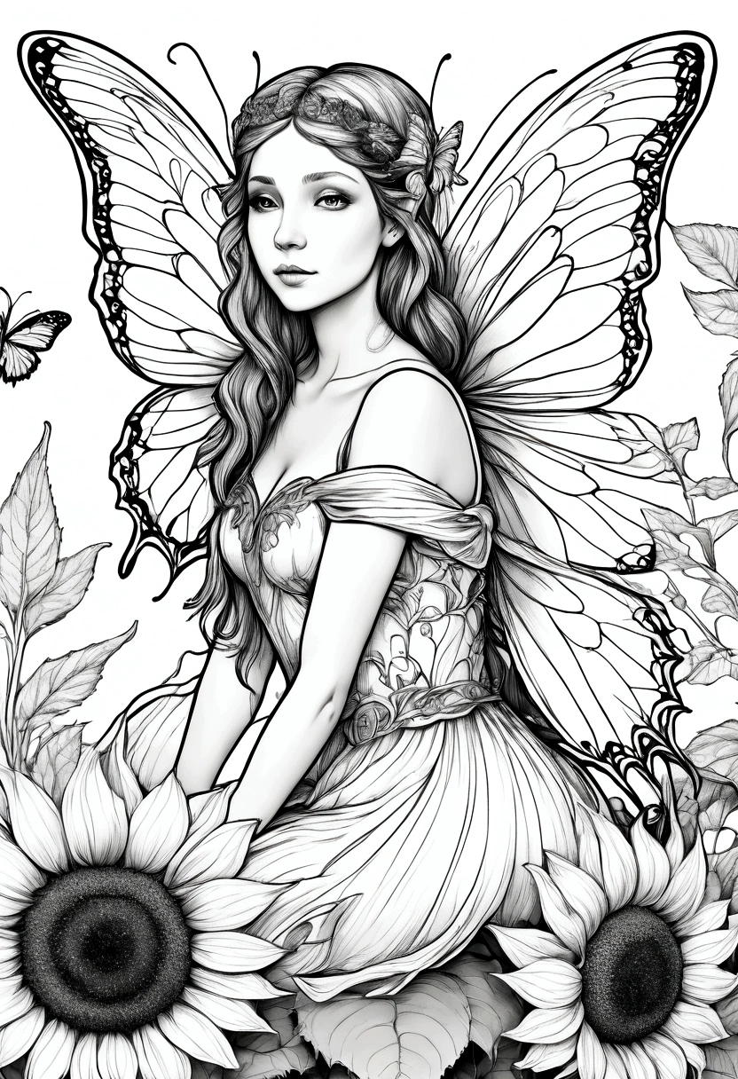 A delicate fairy with butterfly wings resting on a giant sunflower, clean line art, white background, colouring page, clean outline,