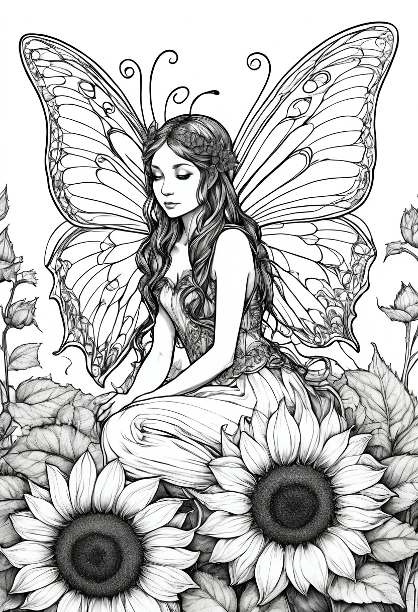 A delicate fairy with butterfly wings resting on a giant sunflower, clean line art, white background, colouring page, clean outline,