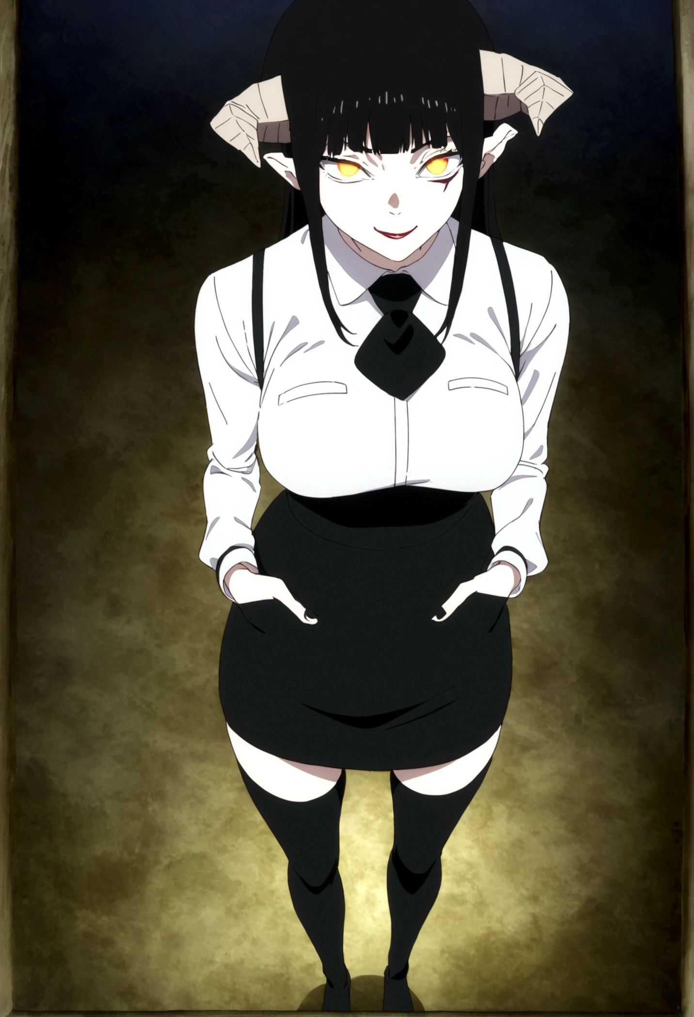 ,hands in pocket,work of art, tight white secretary shirt with black tie, black high waist skirt, short skirt,stocking, black hair, black tightscary sun,office,bangs on the eyes,lighting,horn of hair,view from above,evil smile,linda,staring overhead