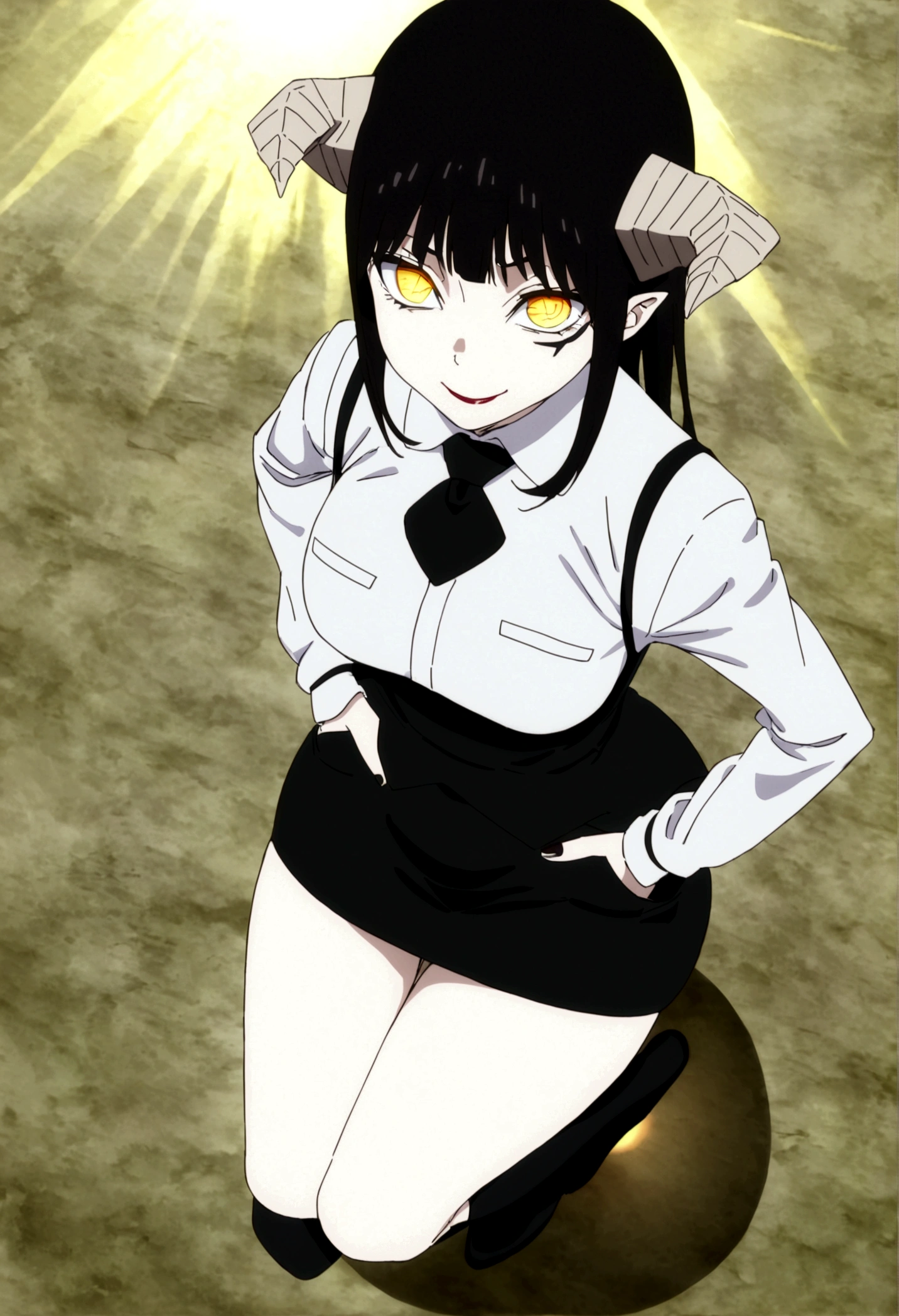 ,hands in pocket,work of art, tight white secretary shirt with black tie, black high waist skirt, short skirt,stocking, black hair, black tightscary sun,office,bangs on the eyes,lighting,horn of hair,view from above,evil smile,linda,staring overhead