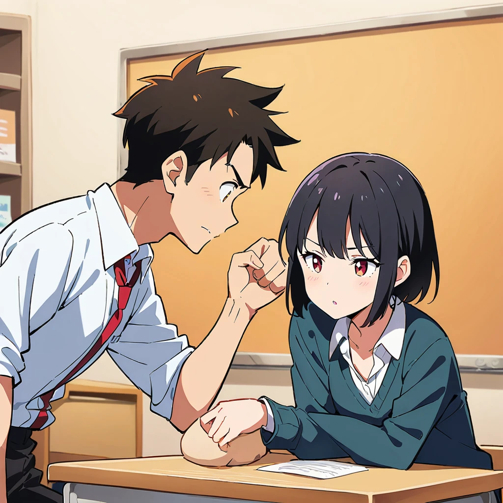 1 Girl、(Black Hair、short hair:1.2)、(high school student、uniform)、(Arm wrestling with friends:1.3)、Brave look、School classroom、(Highest quality、masterpiece、High resolution、detailed)anime style、Flat Style、(Shining Eyes、Beautiful Face), break,anime