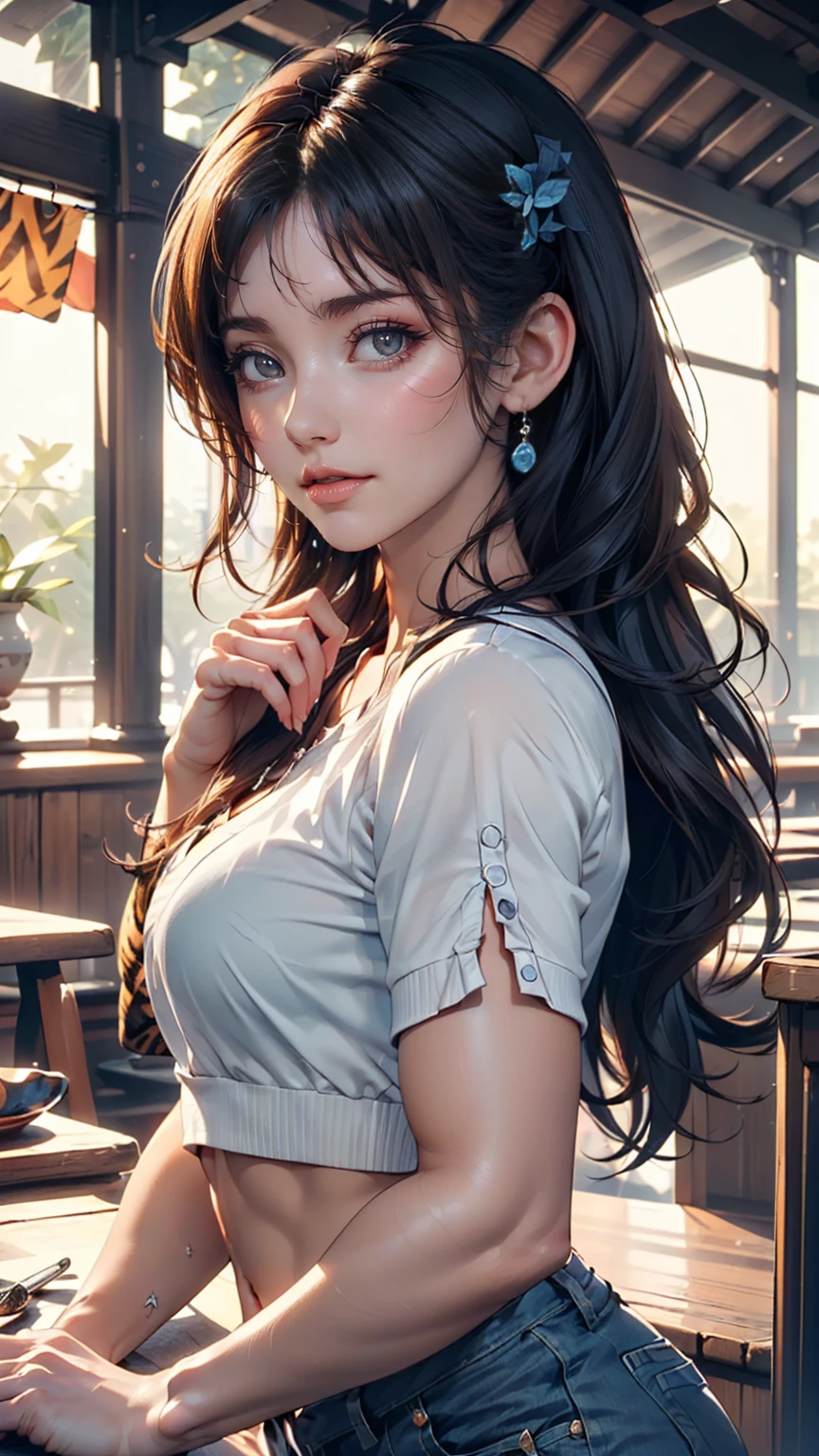 ((Highest quality, 8K, masterpiece: 1.3)), ((One girl:1.5)), The beauty of slim abs: 1.3, Casual Hairstyles, (Blue Long Group: 1.5), Super detailed face, Delicate eyes, double eyelid, smile, (Showing the tiger's fangs: 1.2), Dancing