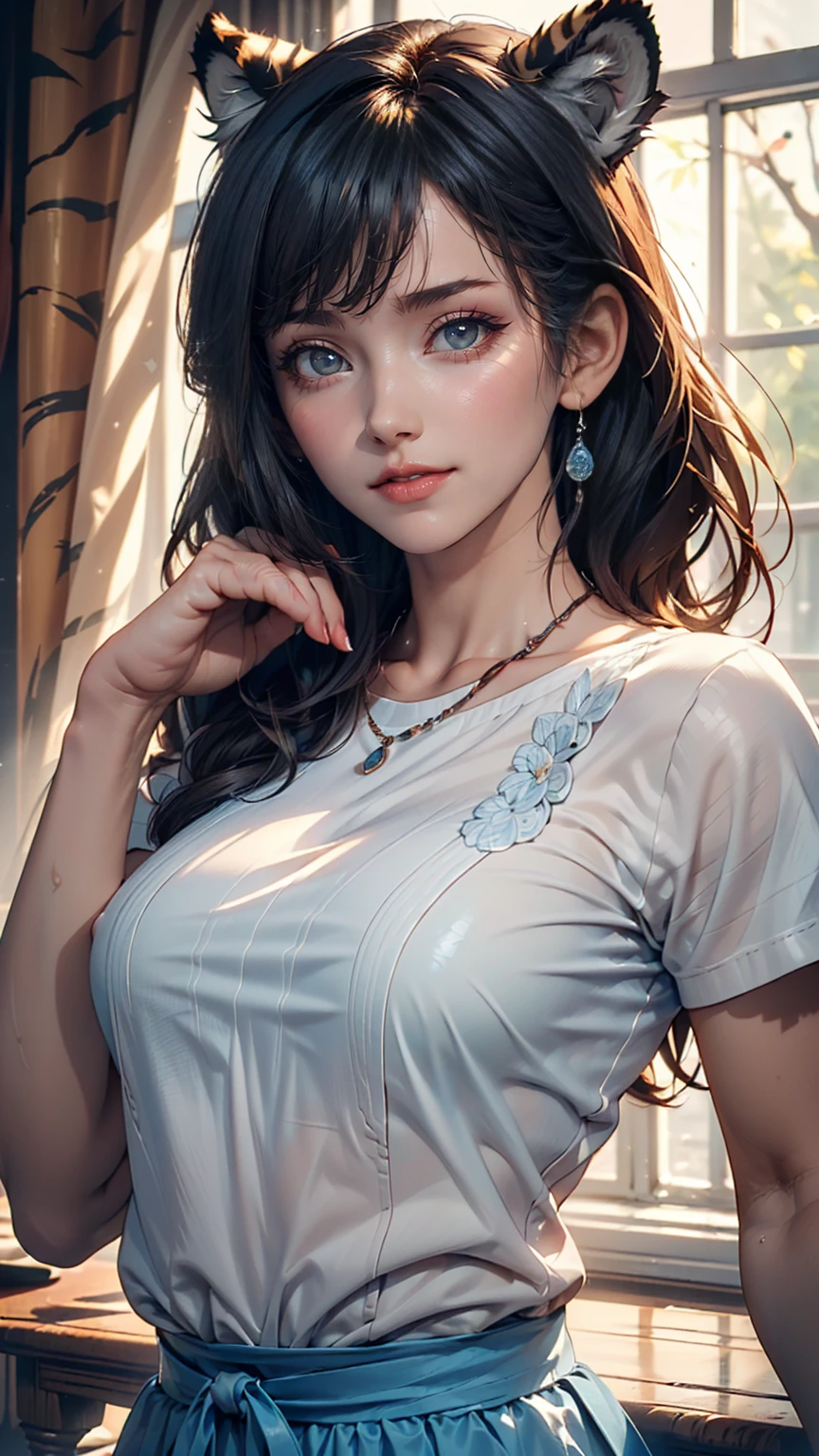 16k ultra-high definition CG wallpaper, masterpiece, Excellent image quality, Very delicate), (Great light and shadow, Delicate and beautiful), Really smooth skin, Bright Face, 18K Close-up Perfect Display, change, cute, She was wearing a classy sleeveless shirt and a long skirt.,, Colorful jewel-like eyes.