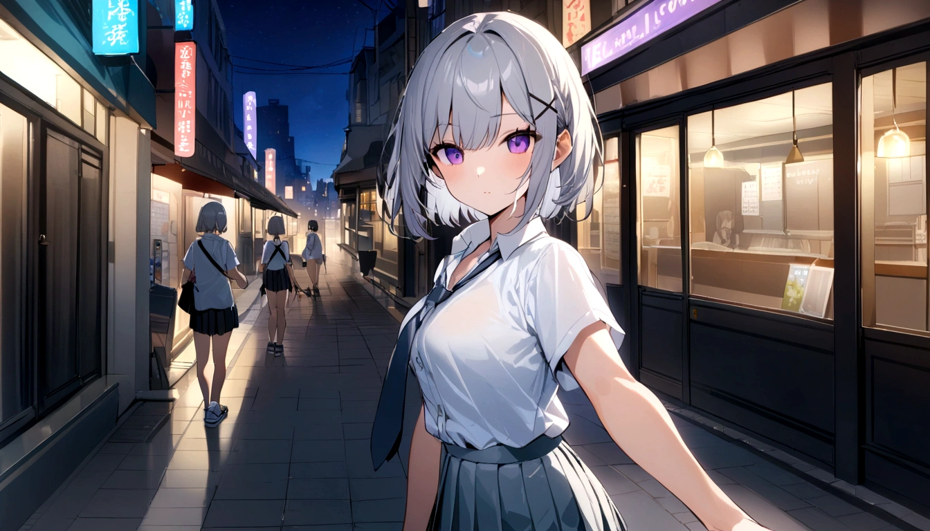 short hair, (Gray Hair:1.2), X Hair Ornament, Purple eyes,tie, girl,One person, Collared shirt, White shirt, Short sleeve, Pleated skirt, student, Highest quality, masterpiece, High resolution, summer,night、the way、City、