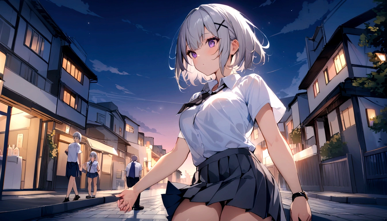short hair, (Gray Hair:1.2), X Hair Ornament, Purple eyes,tie, girl,One person, Collared shirt, White shirt, Short sleeve, Pleated skirt, student, Highest quality, masterpiece, High resolution, summer,night、the way、City、