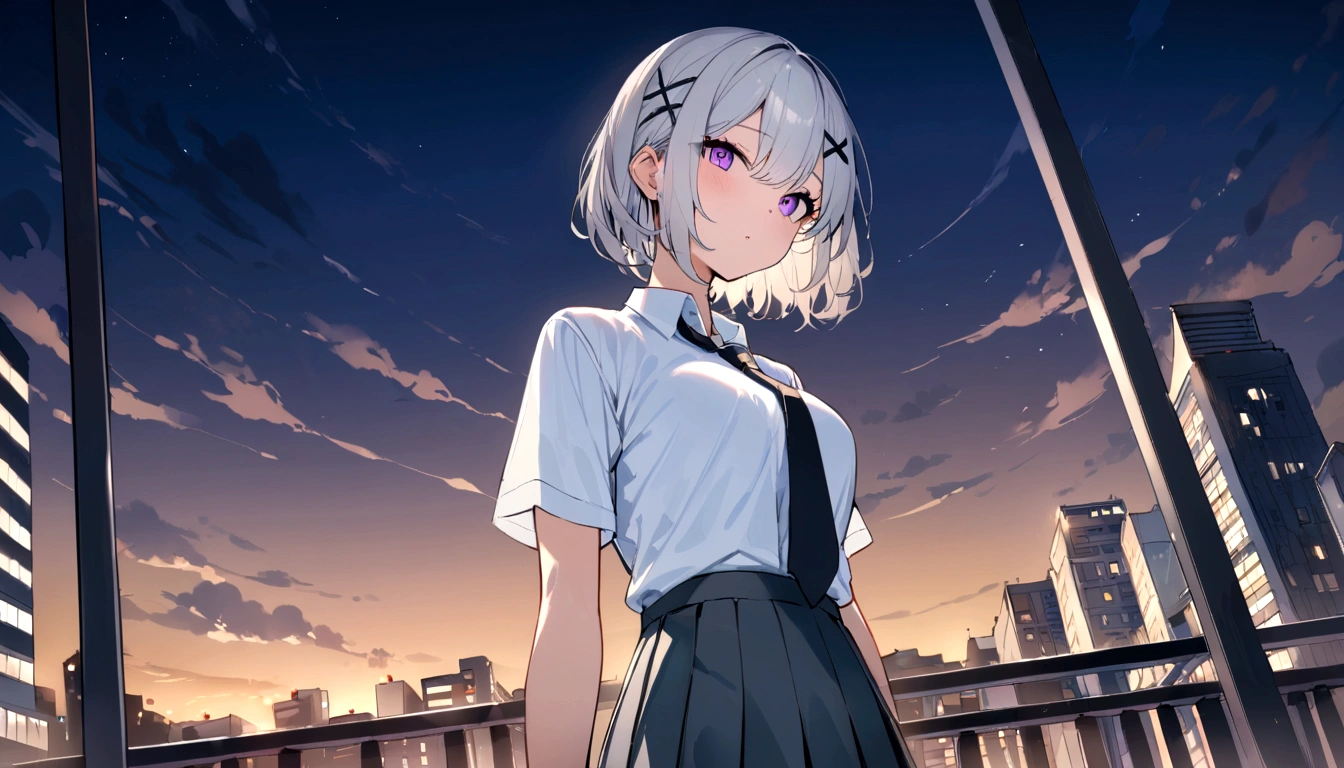 short hair, (Gray Hair:1.2), X Hair Ornament, Purple eyes,tie, girl,One person, Collared shirt, White shirt, Short sleeve, Pleated skirt, student, Highest quality, masterpiece, High resolution, summer,night、the way、City、