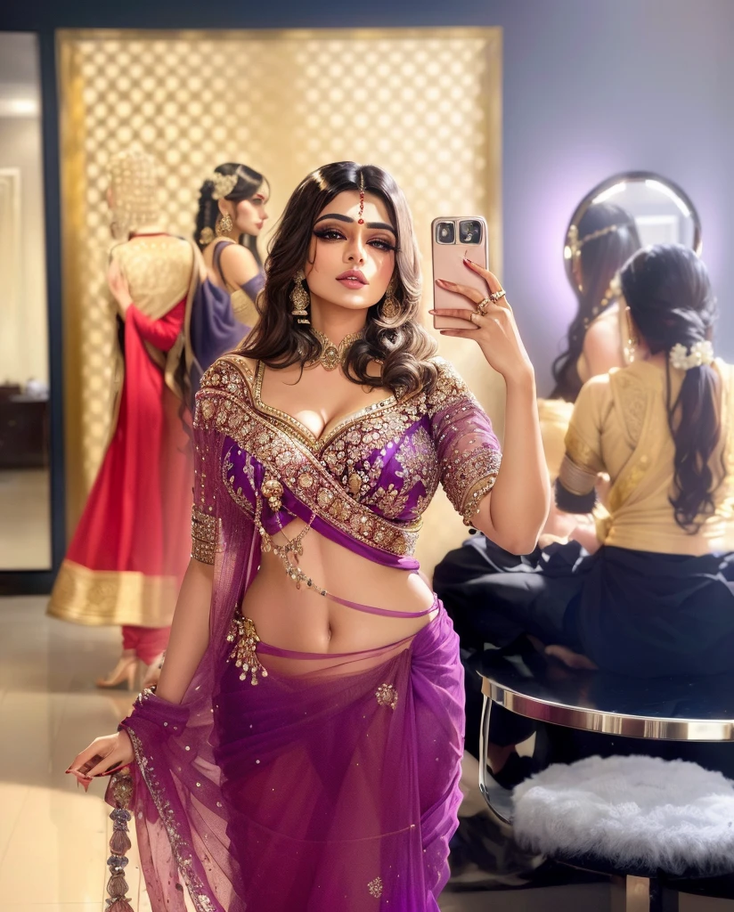 araffe woman in a purple sari taking a selfie in a mirror, candid picture, posing elegantly over the camera, indian, indian super model, sexy look, traditional beauty, with professional makeup, intricate outfit, jaw-dropping beauty, glamour pose, behind the scenes photo, modeling shoot, indian style, captured on canon eos r 6, with a cool pose, big , cleavage show