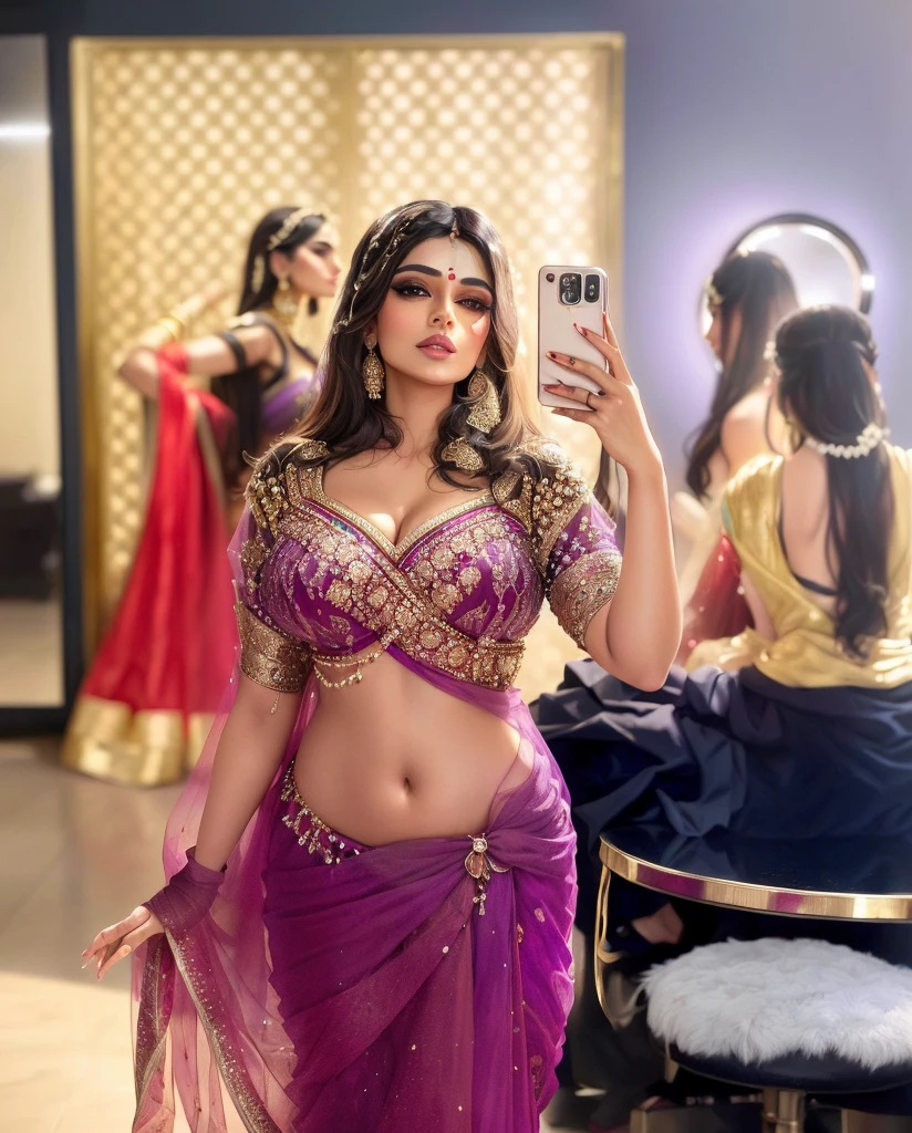 araffe woman in a purple sari taking a selfie in a mirror, candid picture, posing elegantly over the camera, indian, indian super model, sexy look, traditional beauty, with professional makeup, intricate outfit, jaw-dropping beauty, glamour pose, behind the scenes photo, modeling shoot, indian style, captured on canon eos r 6, with a cool pose, big  , cleavage show