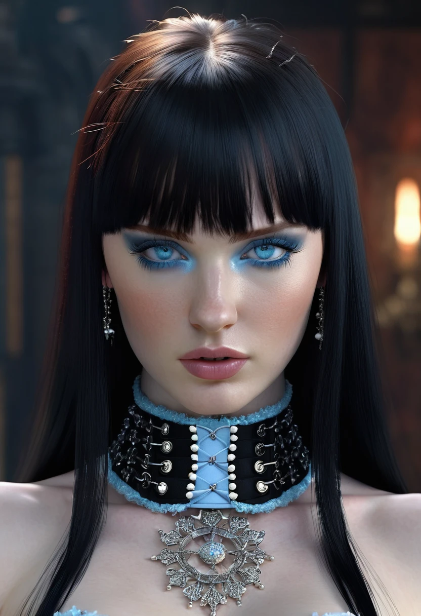 FROM ABOVE, Madelaine Petsch ((Pale Skin)), ((Pearl Skin)), ((black hair with bangs)), ((She has long, straight black hair with straight bangs above her eyebrows and light blue eyes, pale pale skin, athletic body, slim waist. wears a gothic metalhead look Corset, always with spike accessories like bracelets and chokers)), Sexy Woman ((She has long straight black hair and icy light blue eyes, pale skin, a atletic defined toned body, a thin waist, wide hips.)) Portrait ((Perfect Feminine Face)), Precision, 8K, High Detail, (Highly Detailed CG Unity 8K Wallpaper), Ultra-realistic Full Shot Body Image, Beautiful (Skinny) Sexy, Trending in CGSociety, Complex, High Definition, Sharp Focus, Dramatic, Volume Lighting, Digital painting, intense model shooting style, (highly detailed CG Unity 8K wallpaper), full-shot body photos of the most beautiful works in the world, pearl skin, professional majestic oil paintings by Ed Blinkey, Atey, Studio Ghibli, Jeremy Mann, Greg Manchez, Antonio Moro, trending on ArtStation, Trending, Incremental, High Detail, Sharp Focus, Mid Journey and dramatic and photorealistic painting art by Greg Rutkowski at CGSociety