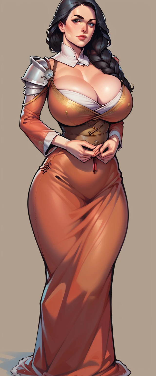 high quality, extremely detailed quality, 1girl, alone, 18 year old girl, a girl with a long black hair, straight hair, sexy face, huge breasts, thick thighs. medieval clothing, showing full hair full body, simple background