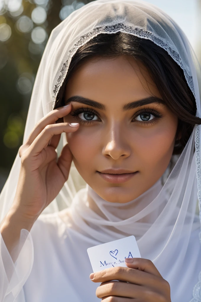 A close-up image of a Veiled woman named Maria holding a card.