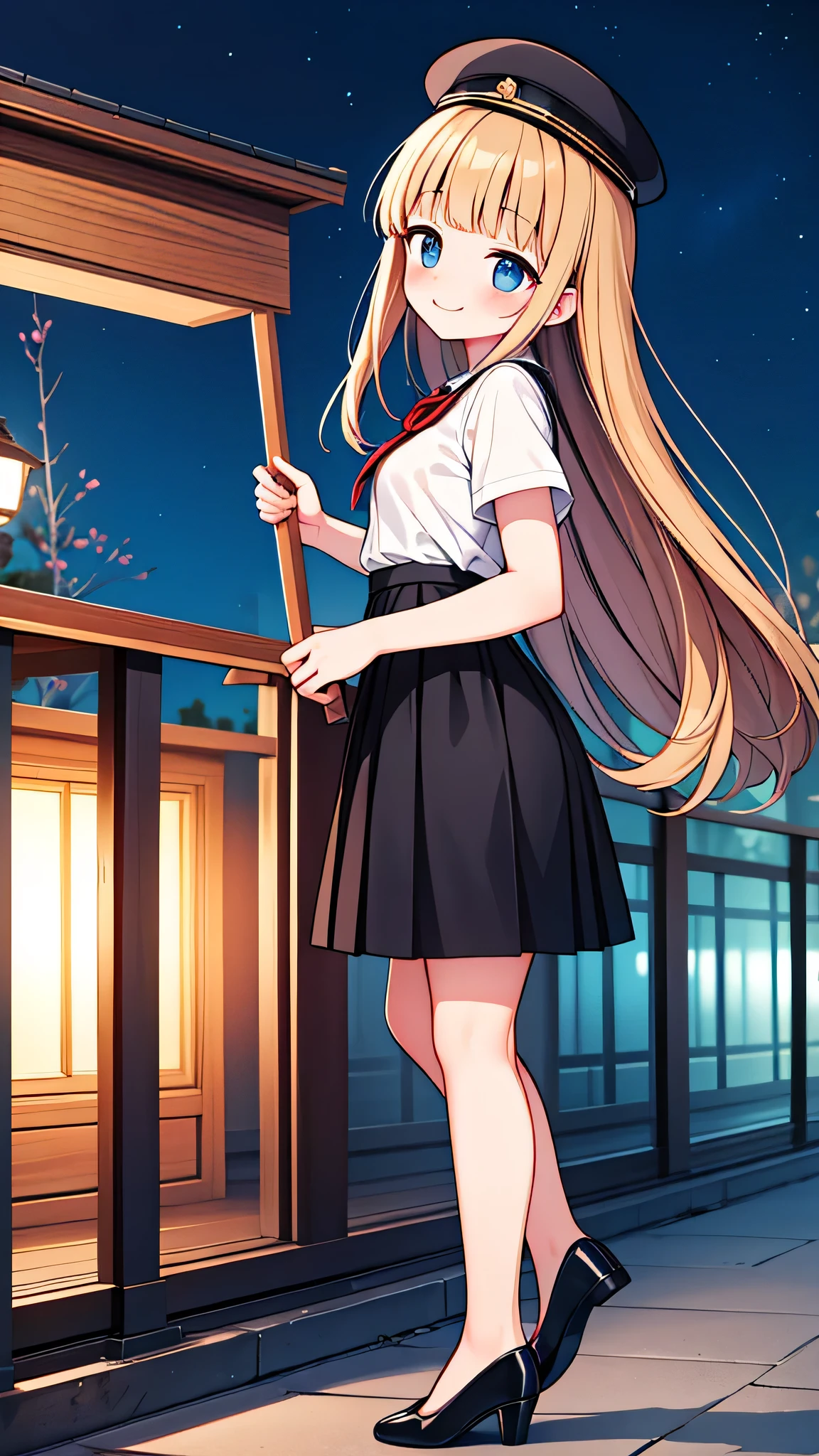 {Highest quality}, {Super beautiful},{Ultra fine},{Best illustration},Brown Hair,Hime cut,semi-long,Bangs,Standing Woman,Uniform cap,White Shirt,Short sleeve,Long black skirt,Night Park,Embarrassed,smilingly,Blushing,Slender women, A woman wearing plain black pumps,Bare feet and pumps,From an angle