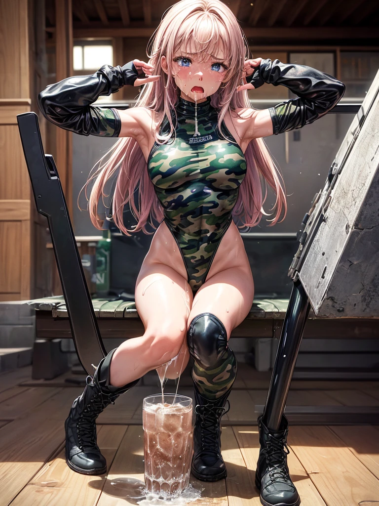 Highest quality,Highest Resolution,Beautiful girl in camouflage leotard,half boots,High leg,whole body,front,Armory,Crying face,Tears,Sweating profusely,(((Open your mouth and drool))),Very beautiful eyes,(((Drink water))),indoor,