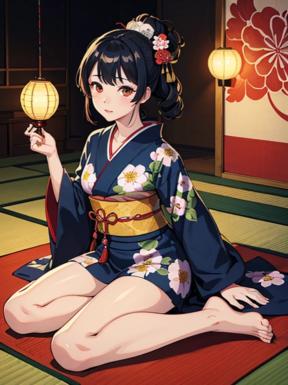 (Highest quality、masterpiece、High resolution、8K)、ukiyo-e、Utamaro、Vibrant colors、A town girl from the Edo period、whole body、Utamaroの絵のモデル,Her hair is black and beautifully tied in a round topknot.、Decoration、The kimono has a colorful floral pattern、Sitting sideways、Holding a round mirror in one hand, looking into it、Another hand is applying lipstick to her lips、lips ajar、Detailed model gestures and facial expressions、Official Art、It is a tatami room.There is a candle light placed、Japanese-style room、