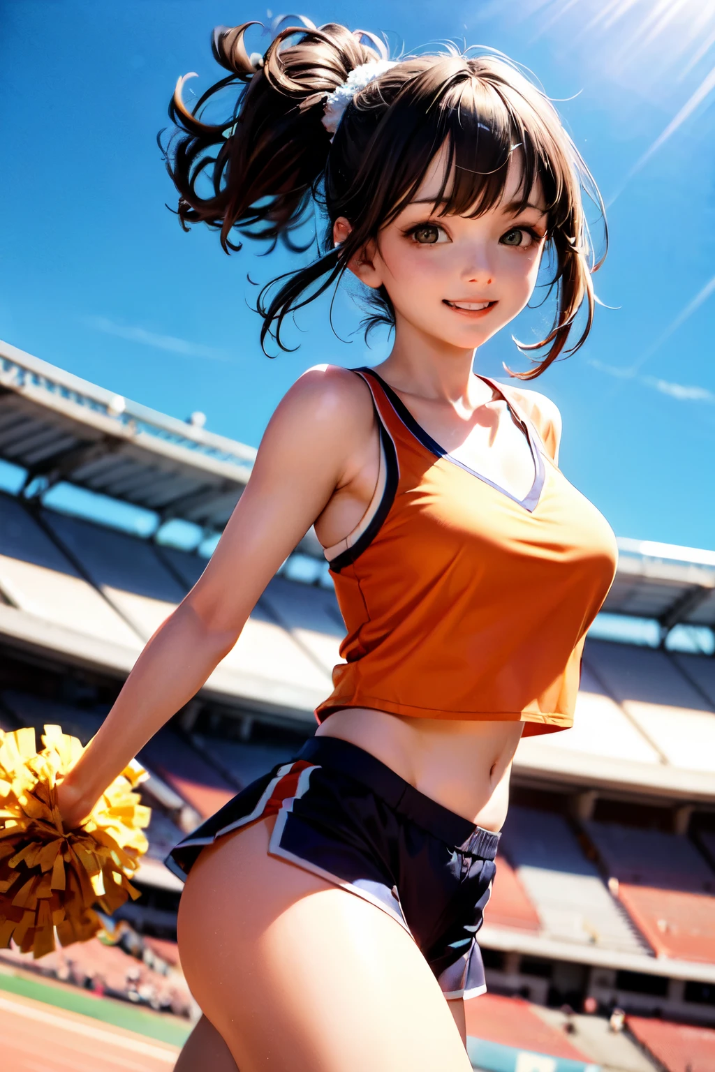 very cute and beautiful cheerleader girl,(highly detailed beautiful face),(holding pom poms:1.1),(smile:1.3),happy, (stadium stands),cowboy shot,dynamic pose,(sleeveless orange cheerleader shirt),beautiful legs, looking at viewer,black hair,hair band, (best quality,masterpiece),absurdres,highres,ultra-detailed,extremely detailed,32k,8k resolution, intricate details,cinematic scene,detailed background,solo,dynamic angle, hair fluttering in the wind,beautiful detailed sky,