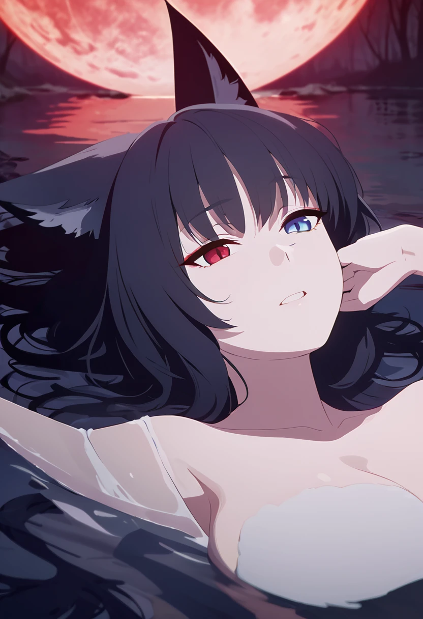 a beautiful blue and black kitsune,detailed intricate portrait,1girl,long black hair,slim waist,big breasts,long white tail,heterochromia (one blue eye, one red eye), design,mature woman,relax face,(best quality,4k,8k,highres,masterpiece:1.2),ultra-detaile,fantasy,dark fantasy,dramatic lighting,vibrant colors,Lying in a lake, with a white towel, A dark forest surrounded by fog, in the background a huge red moon reflecting in the lake (Lying horizontally, panoramic view 