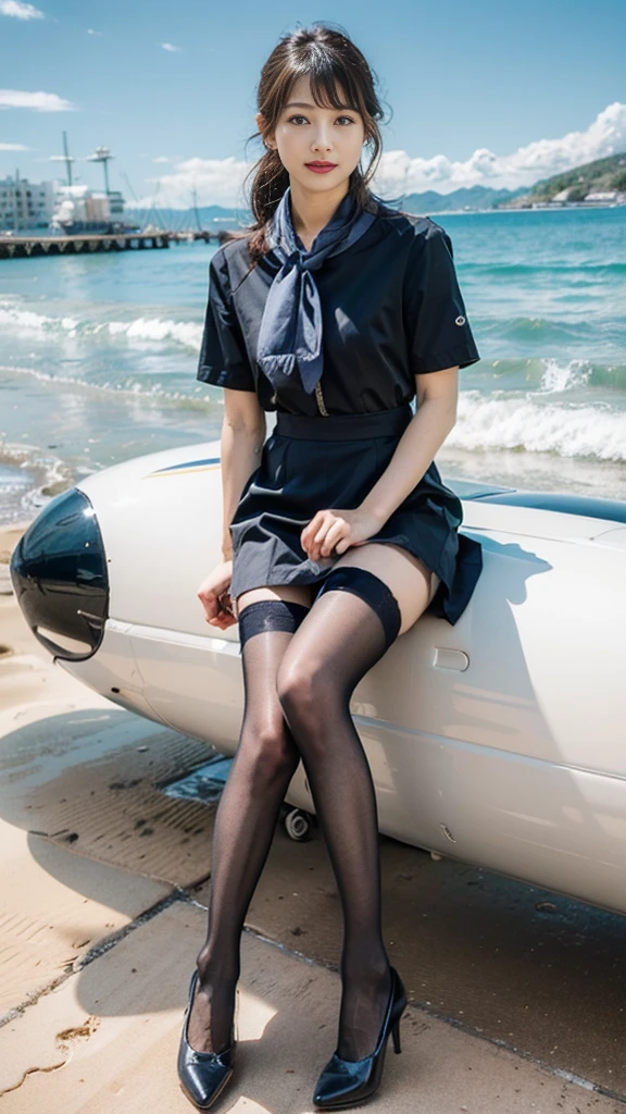 (Sunny day、Blue skies and calm seas、A very beautiful sandy beach:1.2)、(Highest quality、high resolution、High definition、High resolution、masterpiece:1.1)、One Woman、23 year old Japanese woman、stewardess、Cabin Crew、Cabin attendant、((Full body photo、Walking on the beach))、Set hairstyle、Black Hair、Simple earrings and necklace、Natural Makeup、Detailed face、Detailed eyes、Beautiful eyes、A ruddy complexion、With a refreshing smile、Gaze Here、Direct your gaze this way、(Airline Uniforms、stewardessの制服、Black pumps、skirt、Black thin stockings、Pantyhose、Neck scarf、Slim watches、JAL、Japan Airlines:1.3)、Airlines in Japan、Beautiful woman、Detailed Hair、Glossy lips、Beautiful feet、Natural light、Bright sunlight、Professional photography、RAW Photos、Clear photos、Just the right color balance、Okinawa、Height: 165cm、Perfect proportions