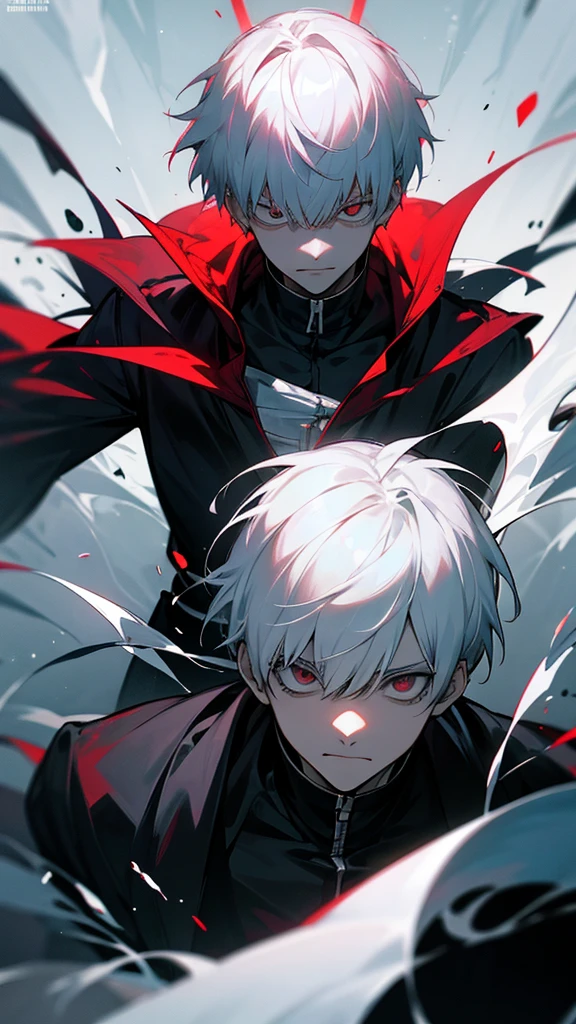 "Kaneki Ken with white hair and one eye covered, embodying his powerful transformation. The scene highlights his new, imposing presence, signifying his inner conflict and growth."