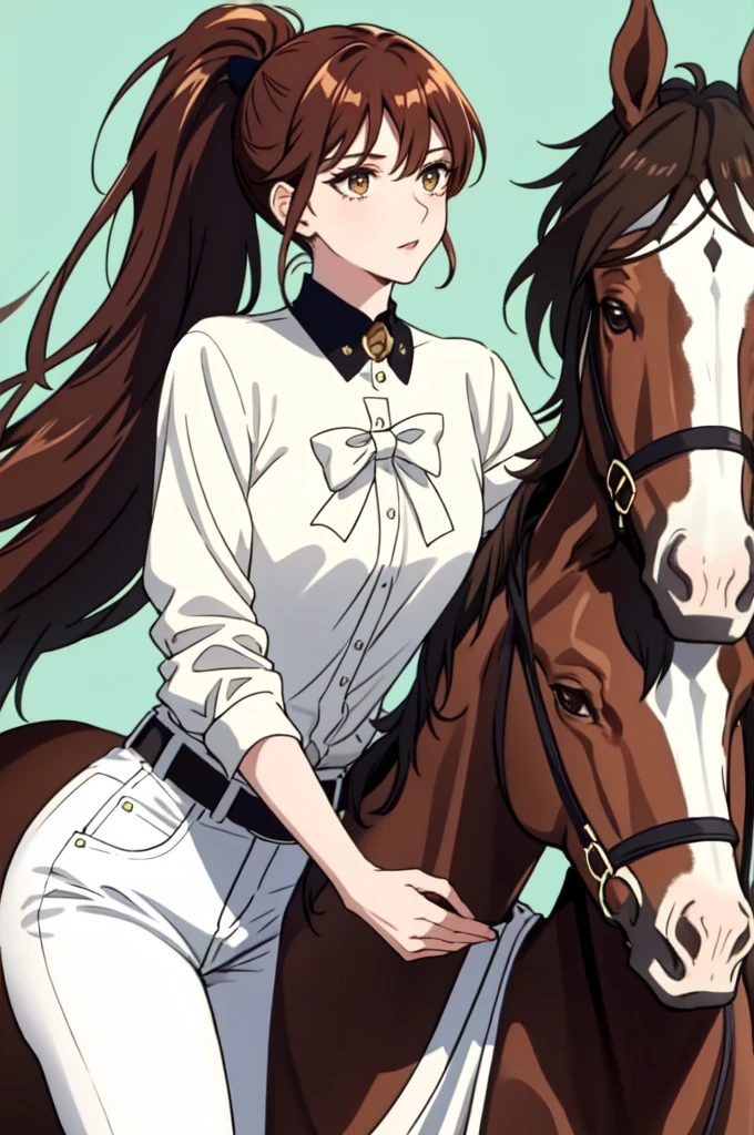 Slim tall brunette woman, oval face, big brown eyes, Pale lips, dark reddish hair, her hair is tied up in a ponytail, she has side bangs, . He is wearing white pants with a green shirt, he is eating a potato Standing on a horse 