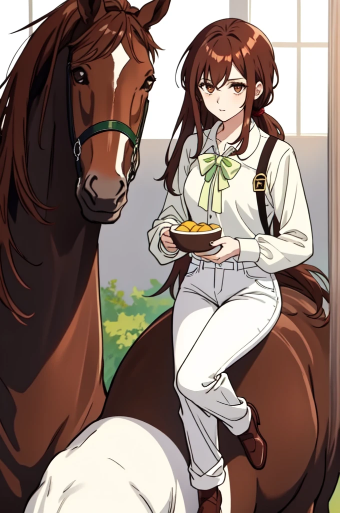 Slim tall brunette woman, oval face, big brown eyes, Pale lips, dark reddish hair, her hair is tied up in a ponytail, she has side bangs, . He is wearing white pants with a green shirt, he is eating a potato Standing on a horse 