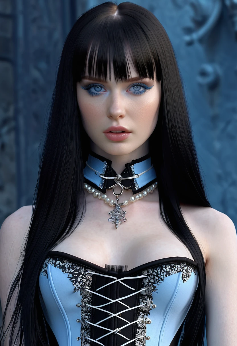 FROM ABOVE, Madelaine Petsch ((Pale Skin)), ((Fair Skin)), ((black hair with bangs)), ((She has long, straight black hair with straight bangs above her eyebrows and light blue eyes, pale pale skin, athletic body, slim waist. wears a gothic metalhead look Corset, always with spike accessories like bracelets and chokers)), Sexy Woman ((She has long straight black hair and icy light blue eyes, pale skin, a atletic defined toned body, a thin waist, wide hips.)) Portrait ((Perfect Feminine Face)), Precision, 8K, High Detail, (Highly Detailed CG Unity 8K Wallpaper), Ultra-realistic Full Shot Body Image, Beautiful (Skinny) Sexy, Trending in CGSociety, Complex, High Definition, Sharp Focus, Dramatic, Volume Lighting, Digital painting, intense model shooting style, (highly detailed CG Unity 8K wallpaper), full-shot body photos of the most beautiful works in the world, pale skin, professional majestic oil paintings by Ed Blinkey, Atey, Studio Ghibli, Jeremy Mann, Greg Manchez, Antonio Moro, trending on ArtStation, Trending, Incremental, High Detail, Sharp Focus, Mid Journey and dramatic and photorealistic painting art by Greg Rutkowski at CGSociety