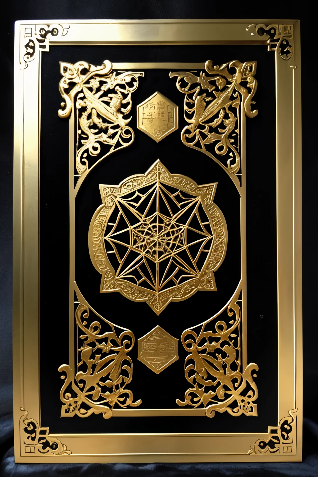 gold, dragon, cobweb, magic tome, plaque, no text