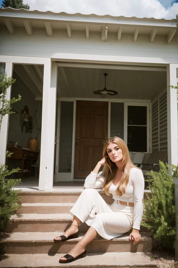 Photo of Sharon Tate, exterior of the LaBianca home