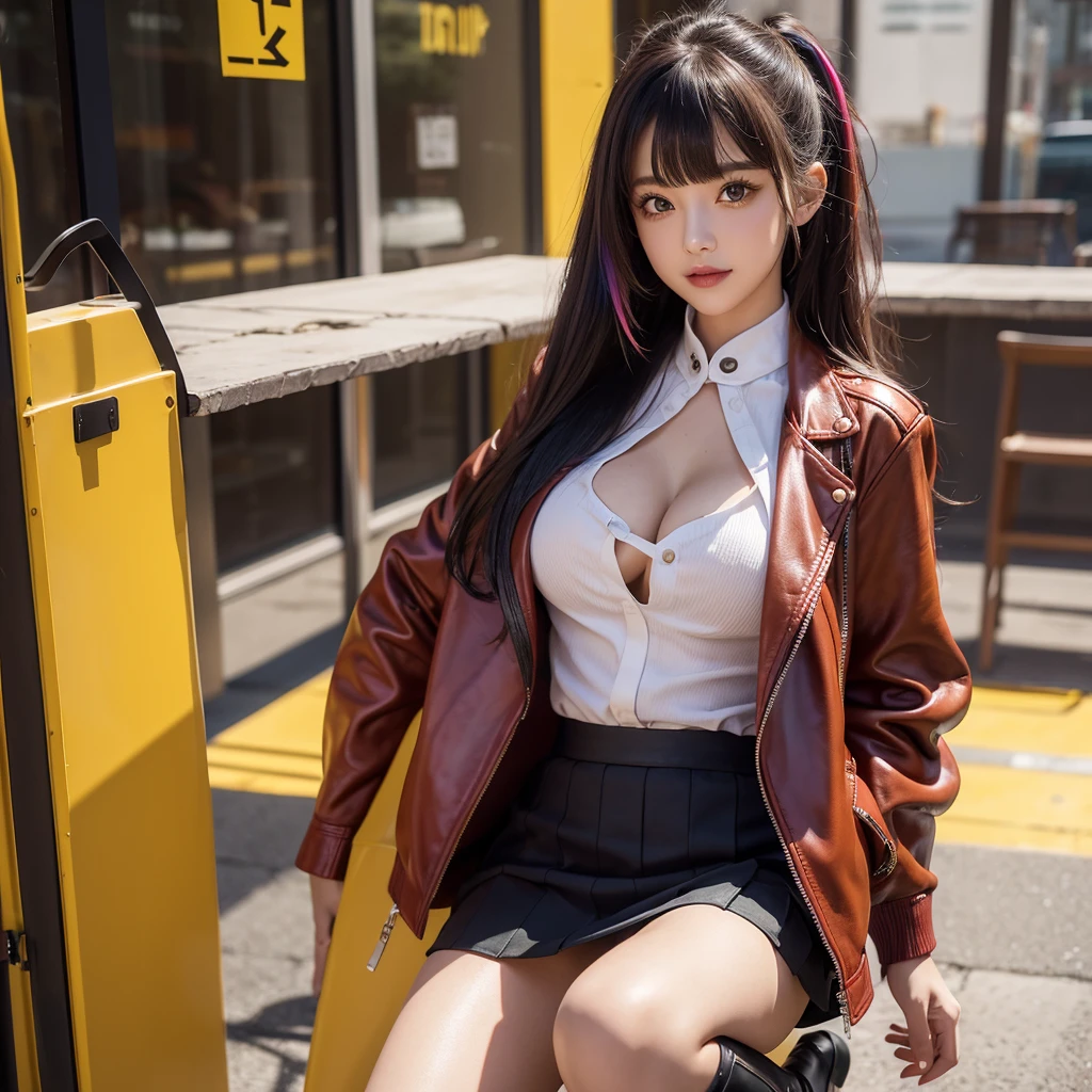 ultra highres,(reality: 1.4),highest quality, masterpiece, high detail, 16K quality, beautiful, 1 beautiful girl,japanese,super beautiful face,baby face,japanese idol face,cute face,super detailed face,detailed hand,beautiful skin,sweaty skin,big eyes,smile,profeccional lighting,medium hair, black hair,brown beautiful eyes, white shirt,open shirt,bare breasts,checked skirt,bottom less,(skirt lift),sittinng with knee up,(((show off pussy))),detailed pussy,(spread legs),medium breasts,black high socks,she is looking at the camera,skyscraper looftop,blue sky,nsfw,from below,