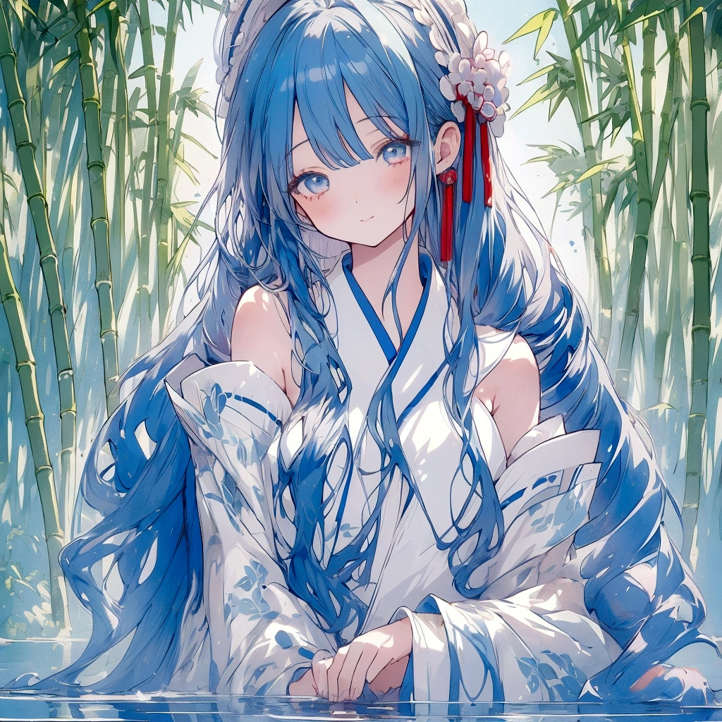 Masterpiece, Best Quality, Official Art, 8k Wallpaper, Very Detailed, Illustration, 1 Girl, Sky Blue Hair, Long Hair, Detailed Eyes, Forrest Gump, Bare Shoulders, Hanfu, Lake, Pure, Soft Smile, bamboo, tea