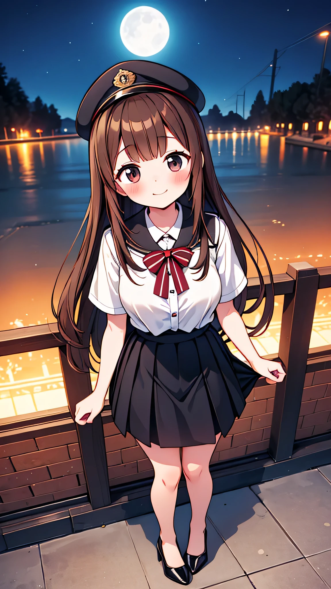 {Highest quality}, {Super beautiful},{Ultra fine},{Best illustration},Brown Hair,Hime cut,semi-long,Bangs,Standing Woman,Uniform cap,White Shirt,Short sleeve,Long black skirt,Night Park,Embarrassed,smilingly,Blushing,Slender women, A woman wearing plain black pumps,Bare feet and pumps,From above