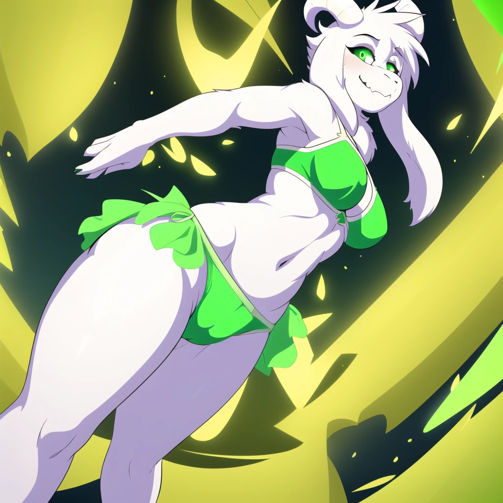 (best quality, masterpiece:1), furry female anthro asriel goat girl, solo, standing pose, female sexy body, horny, (green bikini:1.1), white goat horns, (green underwear:1.2), green eyes, smile, looking at viewer, (abstract background:1.0), 