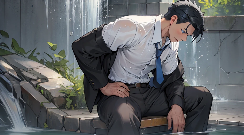 (1 Adult male),A high resolution, Sharp focus, Pixiv masterpiece, ((Complicated details)), highly detailed, natsuki_subaru, 1 man,Defeat, crestfallen,full bodyesbian,kneels on the ground, Sweaty crotch,Pee on the legs,pissing,Urine runs down the thighs,embarressed,exhilarated,is shocked,panicking,worry,A small puddle of their own urine forms around the feet,Urine runs down the crotch,Drenched,rain,The shirt is soaked,(A gesture of pleading),blue color eyes(eyes glowing), Short gray hair,white shirt,Wear a tie,Wear a belt,perspire,look from down