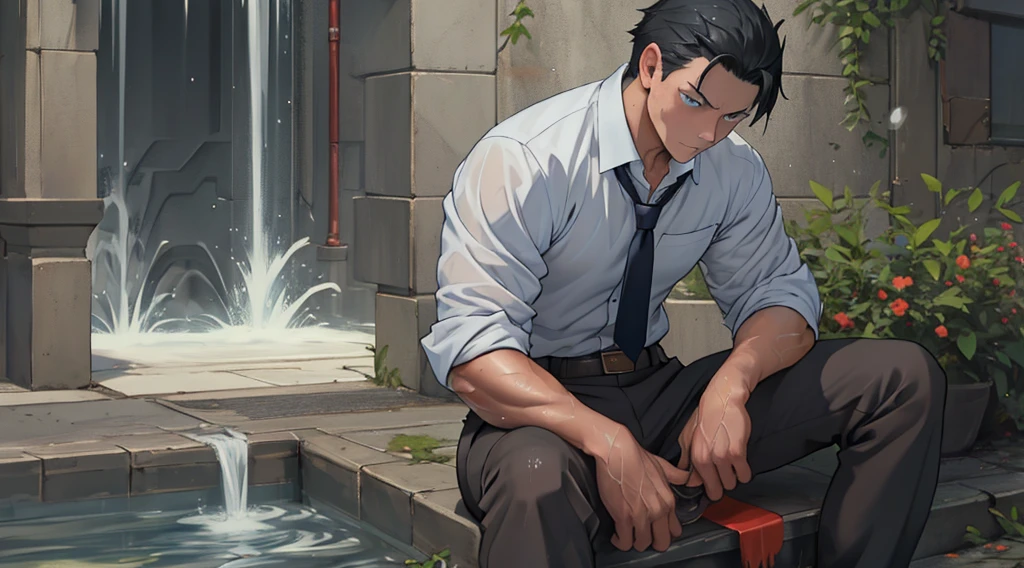 (1 Adult male),A high resolution, Sharp focus, Pixiv masterpiece, ((Complicated details)), highly detailed, natsuki_subaru, 1 man,perfect male figure,Urine on the trouser leg, Nervously bow your head,is shy,embarressed,exhilarated,is shocked,panicking,worry,A pool of urine formed around him,Very eager to pee,Unbearable,Wet yourself,Urine discharge,full bodyesbian,sit astride,Tired,decadent, blue color eyes(eyes glowing), Black hair short hair,white shirt,Wear a tie,Wear a belt,trousers,perspire,Drenched,Get wet,pissing,urine flows down the pants,look from down