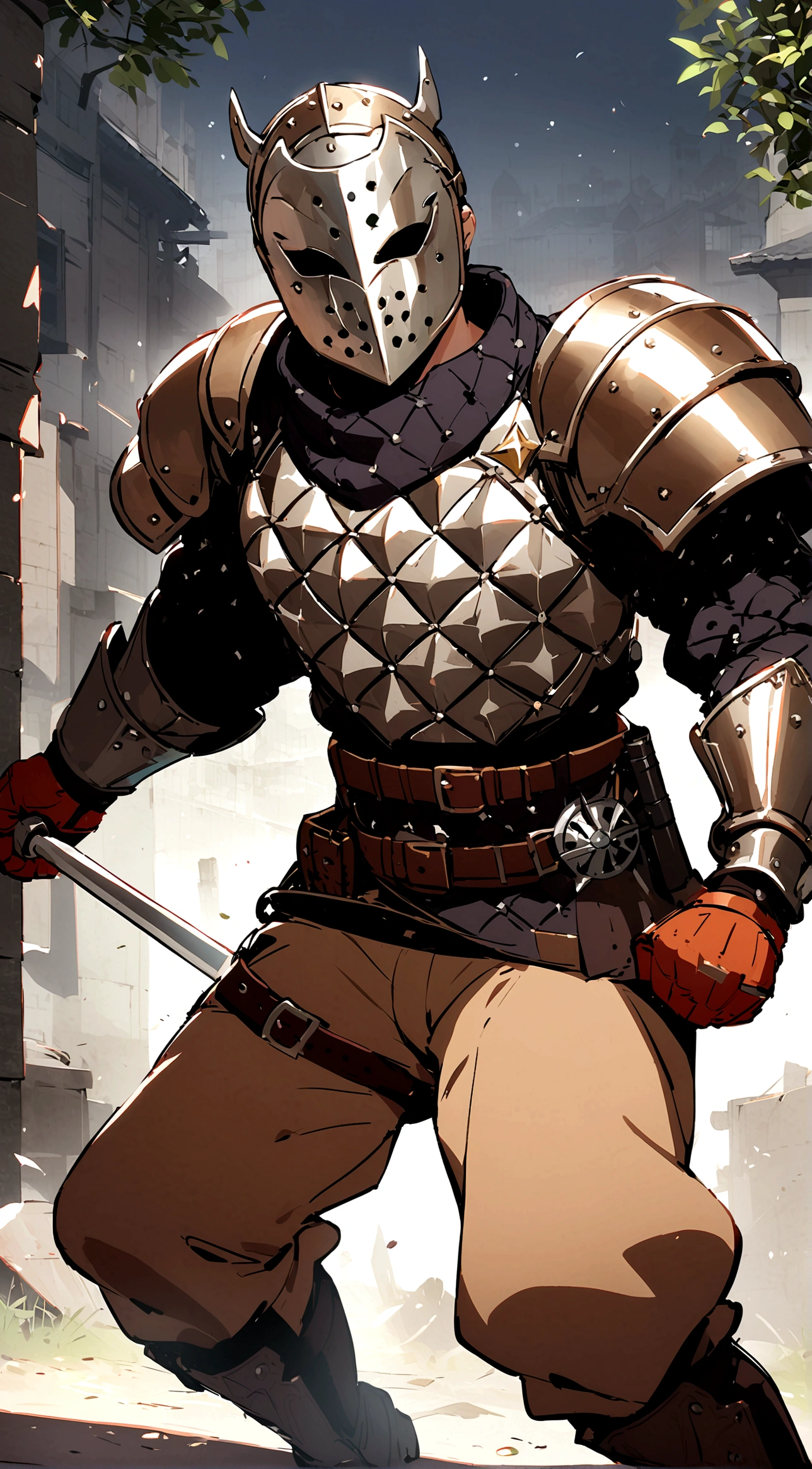 1boy, armor, light armor, gambeson, chainmail, brown pants, boots, copper armor, chestplate, bandolier, belts, shoulder plates, light shoulder armor, arm armor, leg armor, side skirts, black skirts, tattered scarf, black scarf, metal face, metal mask, fencing, rapier, buckler, Height=1.83m, BodyType=slim fit, masked, helmet, midjourney. metal face, Baldwin mask, Roman face mask, metal face, slightly copper colored armor, porcelain mask, acting mask, theater mask, light armor, light shoulder plates, light armor, slim, skinny, light armor