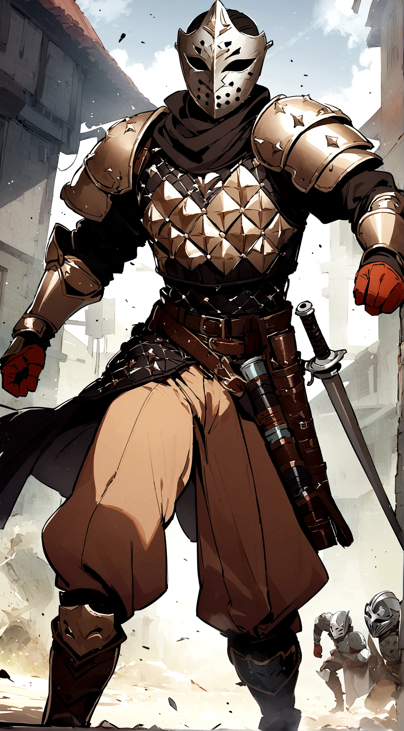 1boy, armor, light armor, gambeson, chainmail, brown pants, boots, copper armor, chestplate, bandolier, belts, shoulder plates, light shoulder armor, arm armor, leg armor, side skirts, black skirts, tattered scarf, black scarf, metal face, metal mask, fencing, rapier, buckler, Height=1.83m, BodyType=slim fit, masked, helmet, midjourney. metal face, Baldwin mask, Roman face mask, metal face, slightly copper colored armor, porcelain mask, acting mask, theater mask, light armor, light shoulder plates, light armor, slim, skinny, light armor