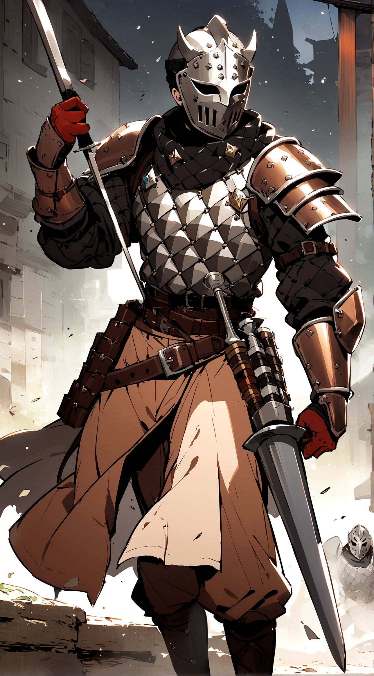 1boy, armor, light armor, gambeson, chainmail, brown pants, boots, copper armor, chestplate, bandolier, belts, shoulder plates, light shoulder armor, arm armor, leg armor, side skirts, black skirts, tattered scarf, black scarf, metal face, metal mask, fencing, rapier, buckler, Height=1.83m, BodyType=slim fit, masked, helmet, midjourney. metal face, Baldwin mask, Roman face mask, metal face, slightly copper colored armor, porcelain mask, acting mask, theater mask, light armor, light shoulder plates, light armor, slim, skinny, light armor