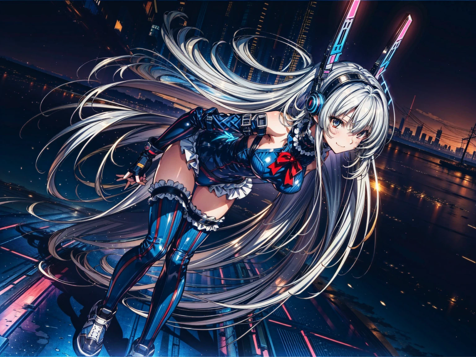 finest masterpiece, Super detailed, Highest quality, Sharp focus, 12k, ultra hi resolution picture, big ,12k,Perfect Anatomy, Highest quality, Marie Rose,Wicked Smile,Provocative attitude
,,evil Smile,Anime Style,(Frilled swimsuit, Knee socks, Removed sleeve), (Anime Style:1.4) ,
,(White fingers:1.1,Black gloves),
Hollow Eyes,,One Girl、(cyber punk:1.4),,(Very long hair:1.6),(whole body:1.3),
Silver Hair,(Full Face Headgear:1.6),Are standing,Neon Light,From the side,Dynamic Na-Angle
