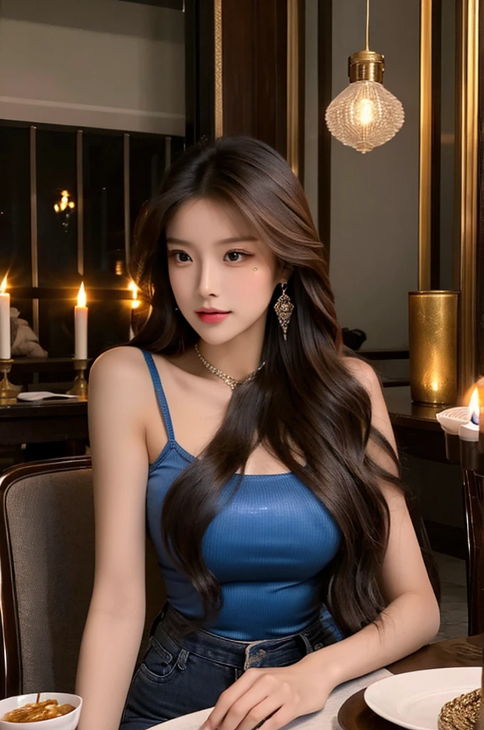 Generate an image of a breathtaking 20-year-old Asian woman whose beauty is comparable to a goddess of the fire element. She has large brown eyes, dark brown hair, radiant skin, and an appealing look. Dressed in a stunning top and blue skinny jeans, she is seated elegantly at a romantic dining table. The ambiance is intimate with soft lighting, candles, and a beautifully set table.