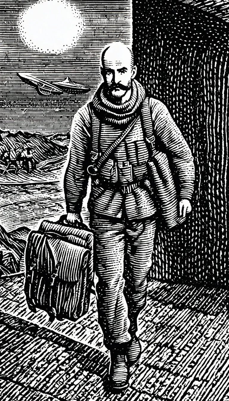 (Black and white woodcut:1.5)、(Second floor in black and white.)、foreground, dark and sinister atmosphere, face of a robust man without hair, with long mustache, with a backpack on his back, military trousers, with a white t-shirt with a flying saucer look, with a long stick in his hand and a tied scarf around his neck.、