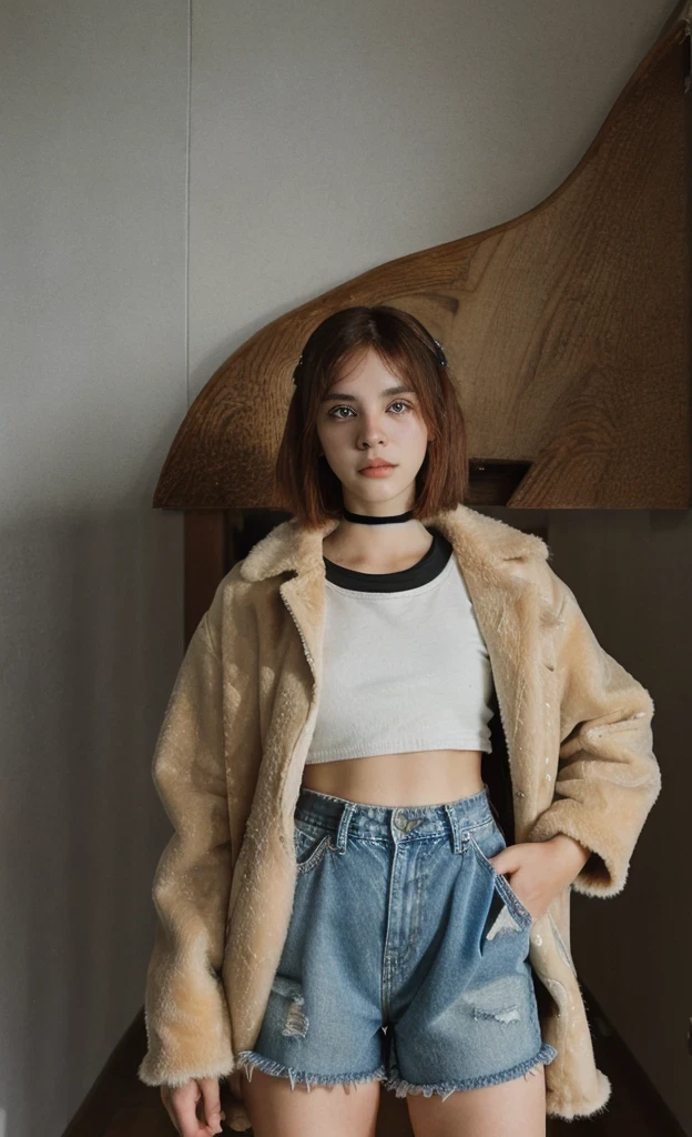 Dark light, darkness ,Dark light,Shooting on Nikon D750 (photo and gross), DSLR,F/1.8, 1 girl, 20 year old woman in fur coat and denim shorts. , standing ,Butterscotch, Haircut ,(look at the viewer:0.1), (real fur:1.1), ((tanned skin)), (detailed skin), Awesome, perky , depth of field, sharp focus, high quality, average,neck ruff