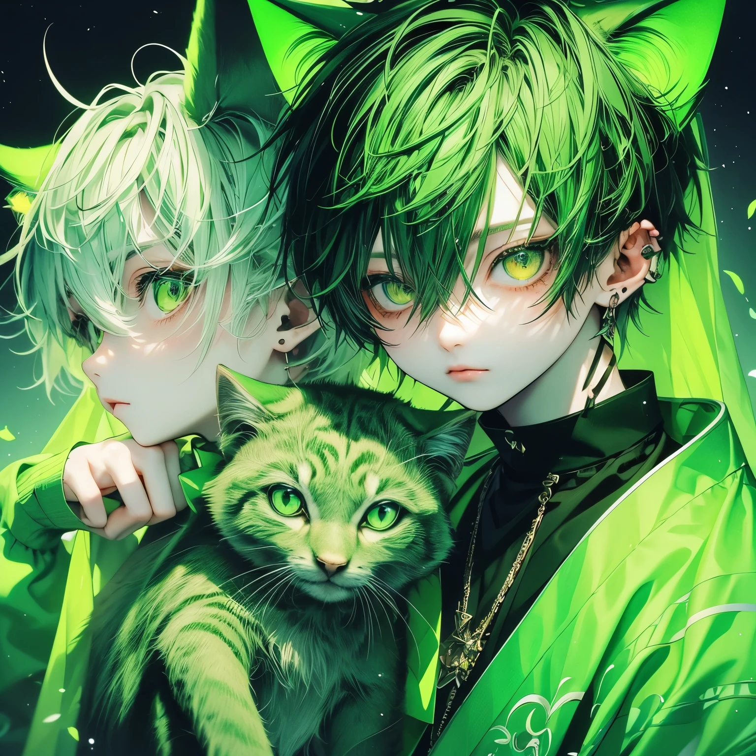 (masterpiece), Highest quality, Ultra-high resolution,Cat with green ribbon、Green Hair、Green Eyes、Green clothes、(boy:2.0)、cool、(Hairstyle Wolf:1.3)、Tanabata、(milky way:1.3)、Gorgeous kimono、Sad expression、Wish、Fantasy