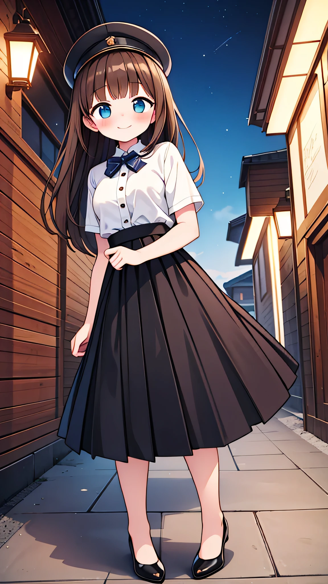 {Highest quality}, {Super beautiful},{Ultra fine},{Best illustration},Brown Hair,Hime cut,semi-long,Bangs,Standing Woman,Uniform cap,White Shirt,Short sleeve,Long black skirt,Night Park,Embarrassed,smilingly,Blushing,Slender women, A woman wearing plain black pumps,Bare feet and pumps,From below